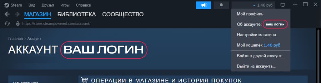 Меню Steam: логин виден в пункте «Об аккаунте» и в заголовке страницы аккаунта